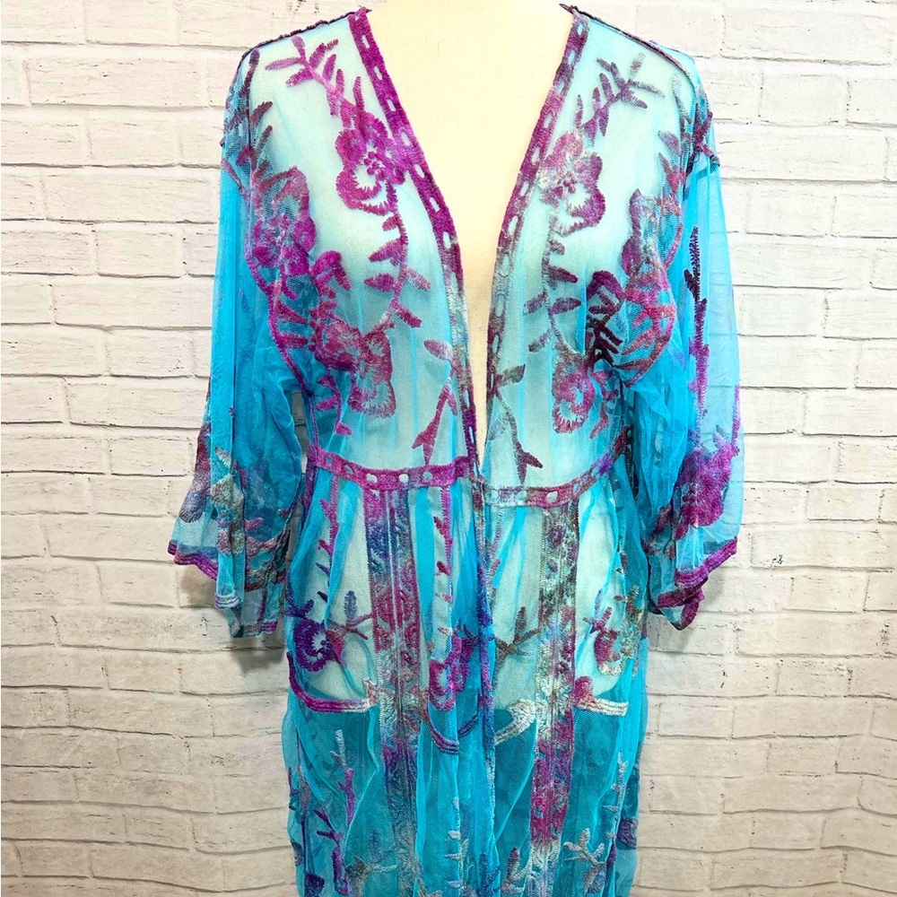 OOAK Hand Dyed Lace Kimono, Ice Dyed, One Size